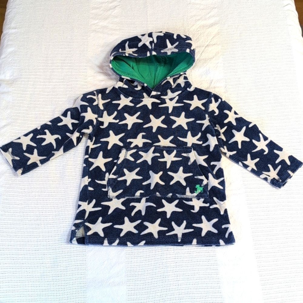 Mini Boden Navy Starfish Hooded Kids Swim Coverup with Green Lining